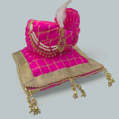 KRYPMAX Men's Traditional Ethnic Wedding Safa/Turban with Stole, Dulha Groom Pagdi Dupatta Combo (Rani)