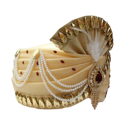Krypmax Men's Traditional Stitched Safa/Turban/Pagdi/Pheta/Pagri for Groom Wedding (Golden, 22 to 22.5 Inch Size)