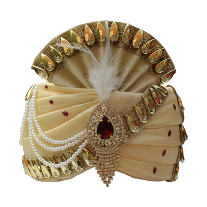 Krypmax Men's Traditional Stitched Safa/Turban/Pagdi/Pheta/Pagri for Groom Wedding (Golden, 22 to 22.5 Inch Size)