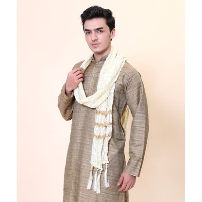 KRYPMAX Men's Silk Gold Crush Sherwani Dupatta Stole Chunni (Off-White, 2.4 Metre Length)