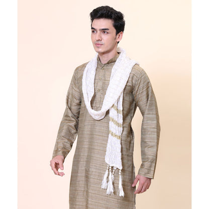 KRYPMAX Men's Silk Gold Crush Sherwani Dupatta Stole Chunni (White, 2.5 Metre Length)