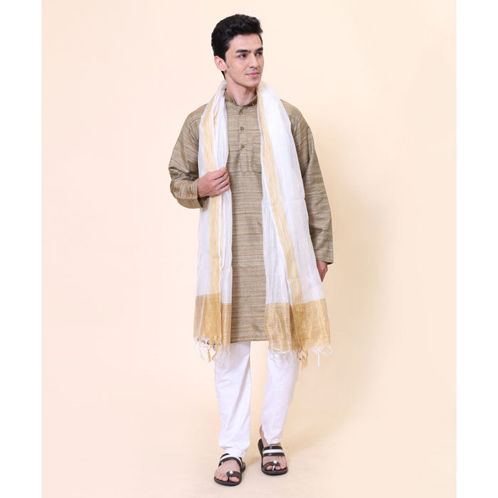 KRYPMAX Men's Silk Bandhani Ethnic Dupatta/Stole for Kurta(White, 2.25 Mtr Length)