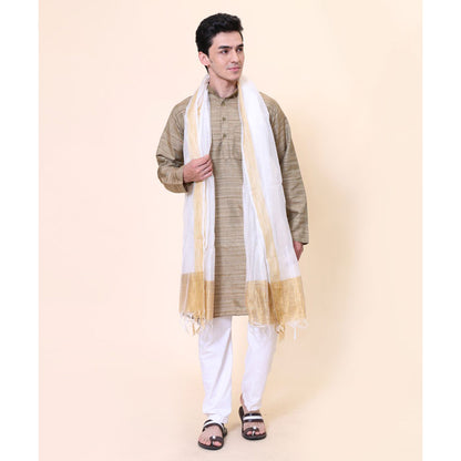 KRYPMAX Men's Silk Bandhani Ethnic Dupatta/Stole for Kurta(White, 2.25 Mtr Length)
