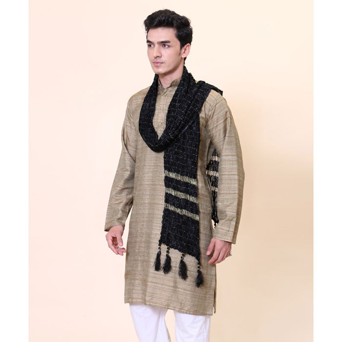 KRYPMAX Men's Silk Gold Crush Sherwani Dupatta Stole Chunni (Black, 2.5 Metre Length)