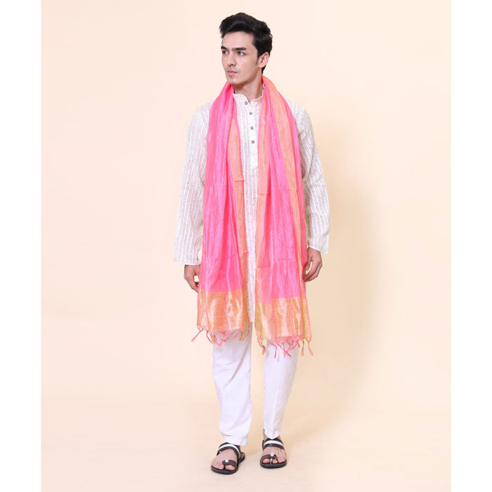 KRYPMAX Men's Silk Bandhani Ethnic Dupatta/Stole for Kurta(Pink, 2.25 Mtr Length)