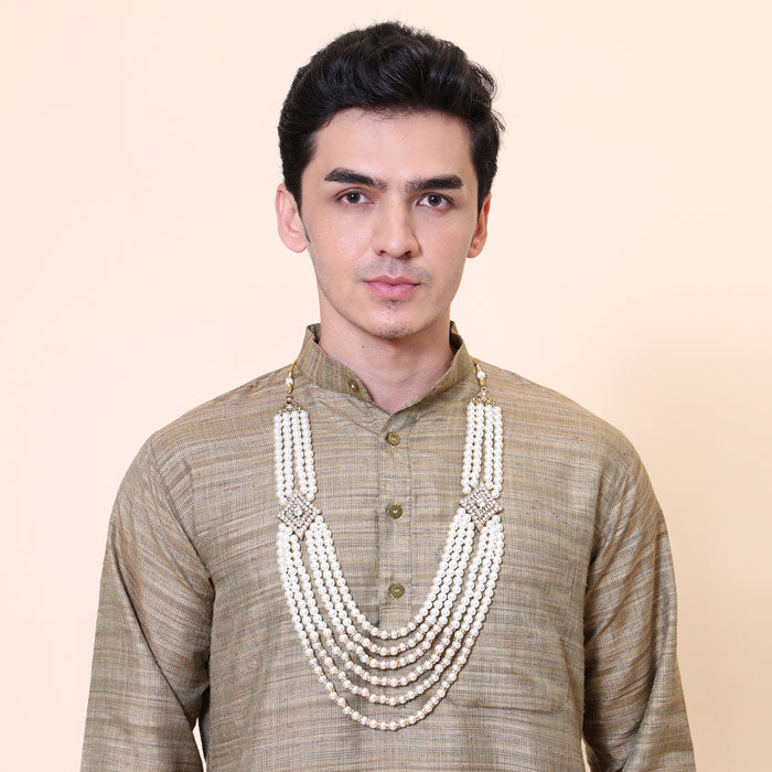 KRYPMAX Six Line of Pearls Necklace Jewellery for Groom Dulha Moti Mala Haar, Men Sherwani Mala (off white colour)