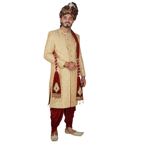 Krypmax Men's Sherwani Velvet Dupatta Boota Design with Round Zari, Chunni Dupatta (Maroon, 2.5 m Length)