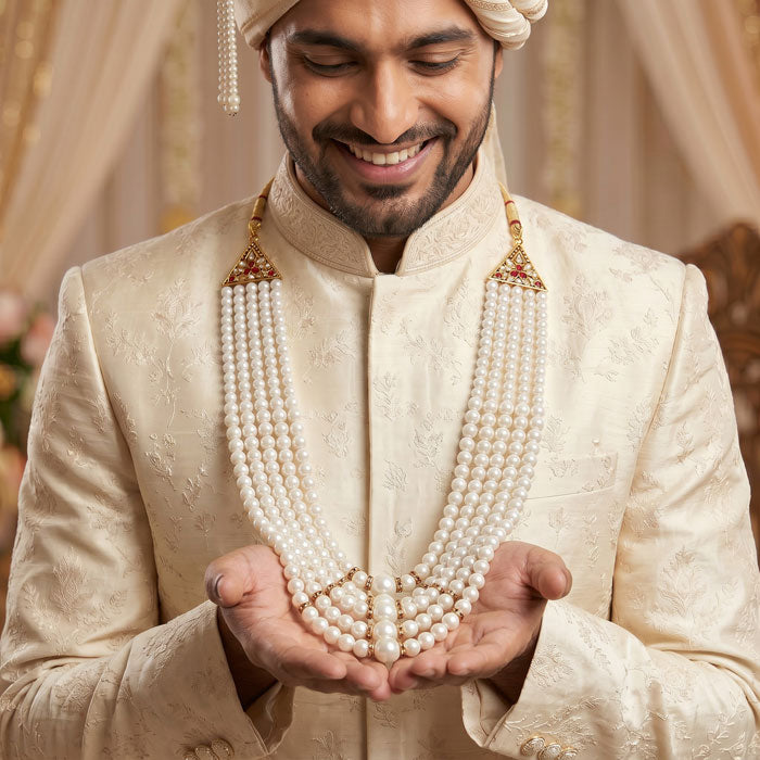KRYPMAX Moti Set Pearl Necklace for Men Sherwani Mala, Five Layers Design (Off White Colour)