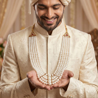 KRYPMAX Moti Set Pearl Necklace for Men Sherwani Mala, Five Layers Design (Off White Colour)