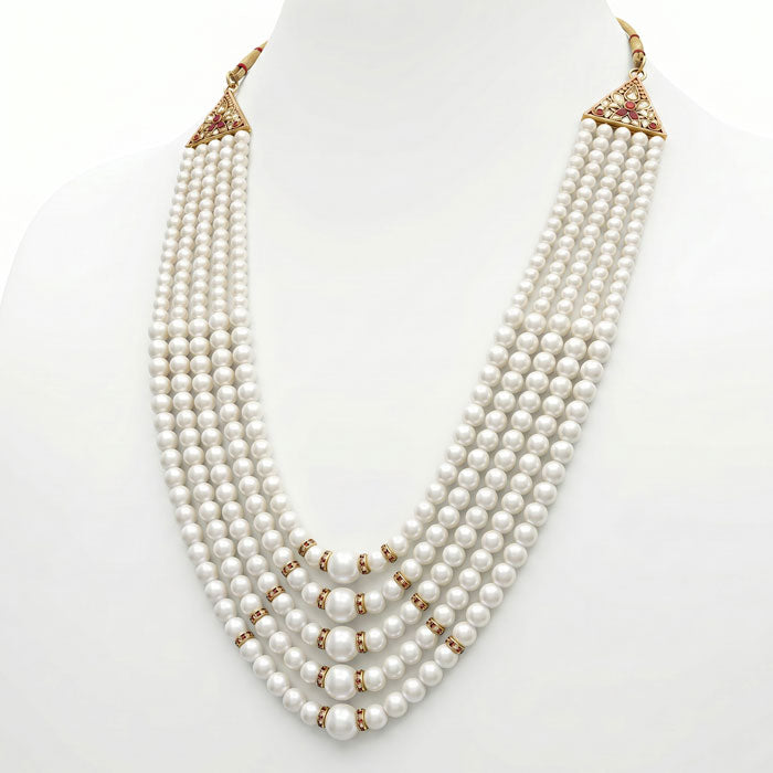 KRYPMAX Moti Set Pearl Necklace for Men Sherwani Mala, Five Layers Design (Off White Colour)