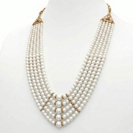 KRYPMAX Moti Set Pearl Necklace for Men Sherwani Mala, Five Layers Design (Off White Colour)