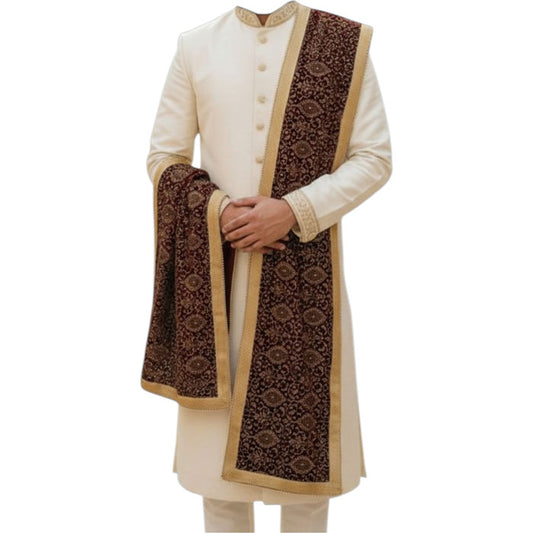 KRYPMAX Men's Narrow Velvet Stole Dupatta With Printed Design Golden Border for Kurta/Sherwani/Achkan/Suit (Length - 2.5m, Width -14 Inch) - Aankh Print