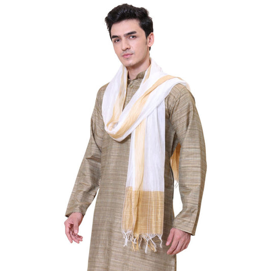 KRYPMAX Men's Silk Bandhani Ethnic Dupatta/Stole for Kurta(White, 2.25 Mtr Length)