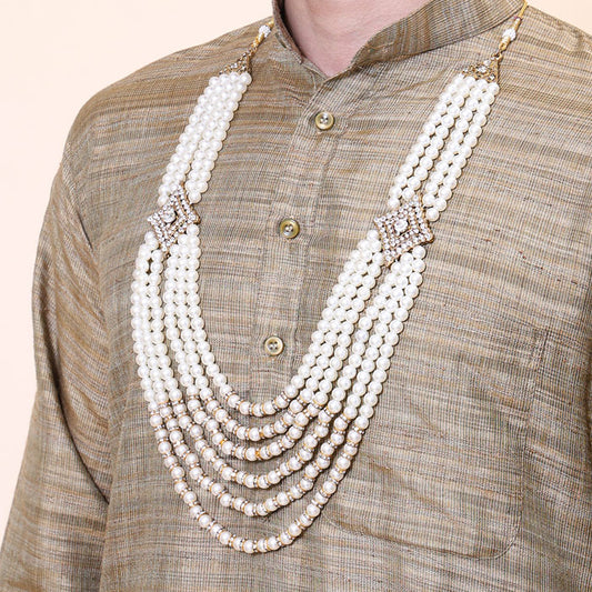 KRYPMAX Six Line of Pearls Necklace Jewellery for Groom Dulha Moti Mala Haar, Men Sherwani Mala (off white colour)