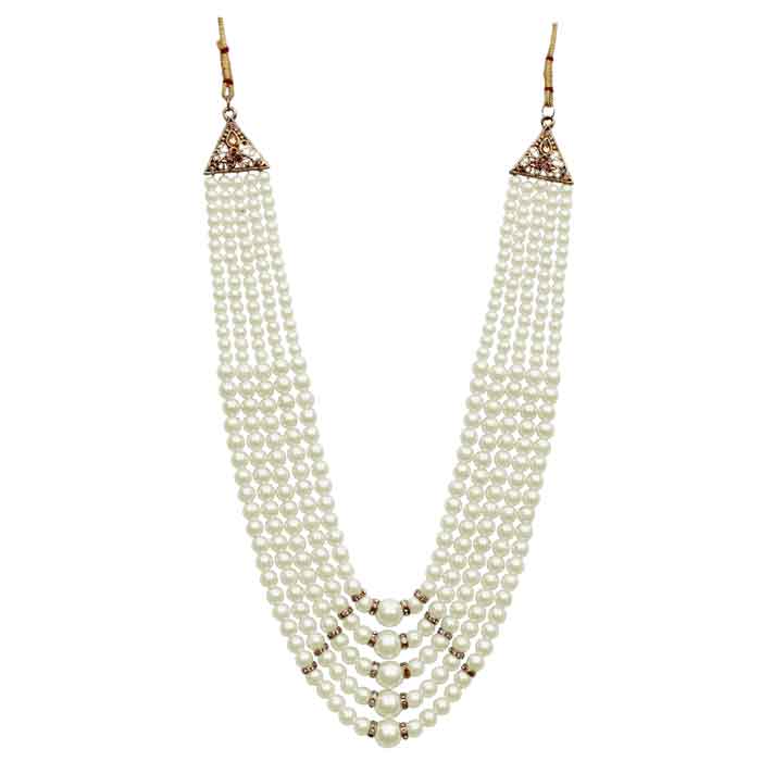 KRYPMAX Moti Set Pearl Necklace for Men Sherwani Mala, Five Layers Design (Off White Colour)
