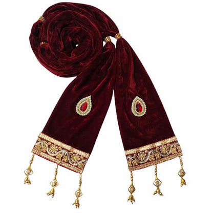 KRYPMAX Men Solid Velvet Ethnic Sherwani Dupatta Paisley with Leaf Lace, Maroon (2.5 Mtr Length)