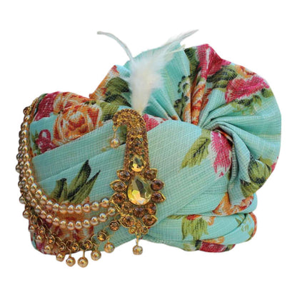KRYPMAX Rose Flower Printed Traditional Groom's Pagdi, Dulha Pagri (Sea Green)