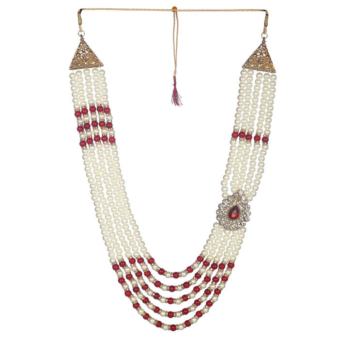 KRYPMAX Designer Pearl Base Metal and Dulha Sherwani Moti Mala Haar Necklace for Groom Men's Indian Wedding (PCN-014-034_Maroon_white_Pack of 1)