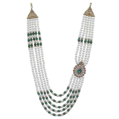KRYPMAX Designer Pearl Base Metal and Dulha Sherwani Moti Mala Haar Necklace for Groom Men's Indian Wedding (PCN-014-032_Green_offwhite_Pack of 1)