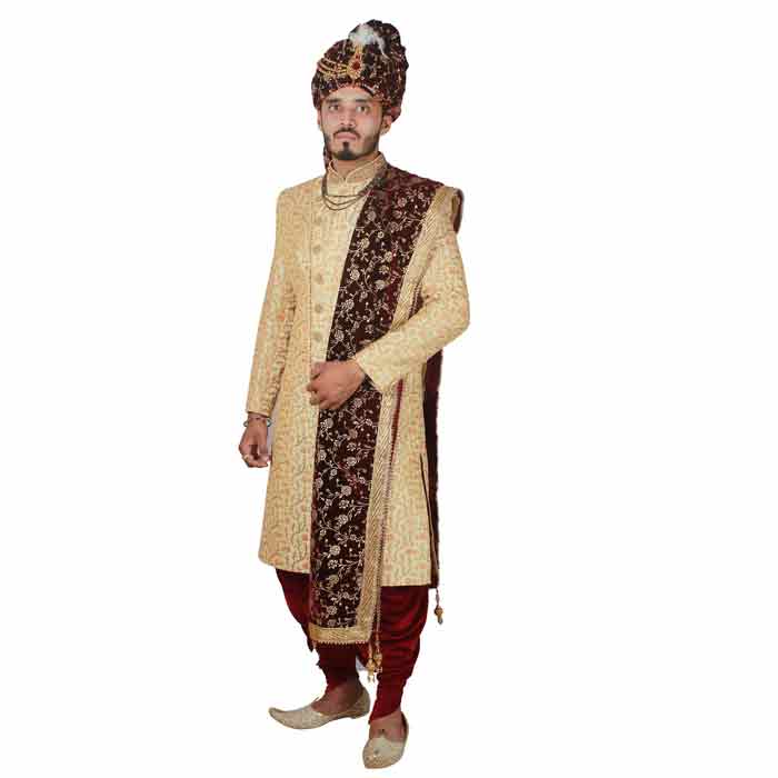 Krypmax Rose Flower Printed Velvet Sherwani Maharaja Shawl for Men Wedding (Maroon, 2.5 Metre Long