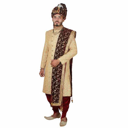 Krypmax Rose Flower Printed Velvet Sherwani Maharaja Shawl for Men Wedding (Maroon, 2.5 Metre Long