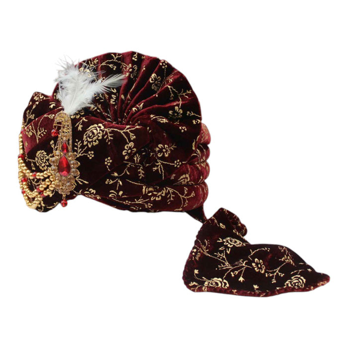 Krypmax Mens Rose Flower Printed Velvet Traditional Ethnic Safa/Turban/Pagdi/Pagri & Shawl (Maroon Color, Turban Size: 22 to 22.5 Inch)