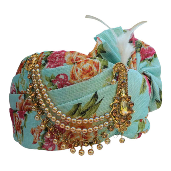 KRYPMAX Rose Flower Printed Traditional Groom's Pagdi, Dulha Pagri (Sea Green)