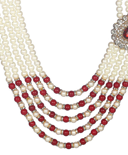 KRYPMAX Designer Pearl Base Metal and Dulha Sherwani Moti Mala Haar Necklace for Groom Men's Indian Wedding (PCN-014-034_Maroon_white_Pack of 1)