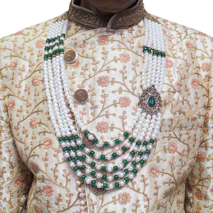 KRYPMAX Designer Pearl Base Metal and Dulha Sherwani Moti Mala Haar Necklace for Groom Men's Indian Wedding (PCN-014-032_Green_offwhite_Pack of 1)