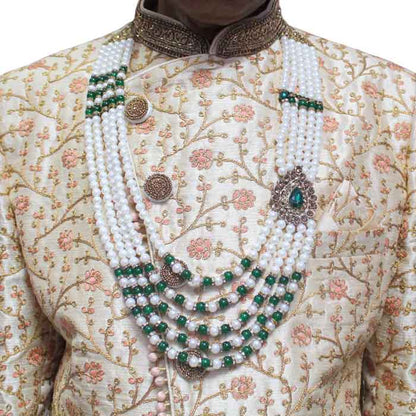 KRYPMAX Designer Pearl Base Metal and Dulha Sherwani Moti Mala Haar Necklace for Groom Men's Indian Wedding (PCN-014-032_Green_offwhite_Pack of 1)