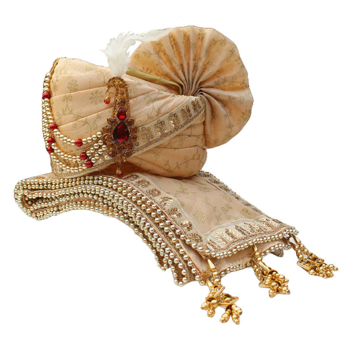 KRYPMAX Men's Floral Wedding Safa/Turban/Pagdi, Dulha Groom Jodhpuri Pagri with Stole (Multicolour, Pagri Size: 22.5 Inch)