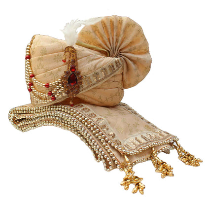KRYPMAX Men's Floral Wedding Safa/Turban/Pagdi, Dulha Groom Jodhpuri Pagri with Stole (Multicolour, Pagri Size: 22.5 Inch)