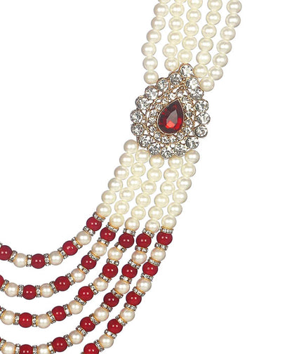 KRYPMAX Designer Pearl Base Metal and Dulha Sherwani Moti Mala Haar Necklace for Groom Men's Indian Wedding (PCN-014-034_Maroon_white_Pack of 1)