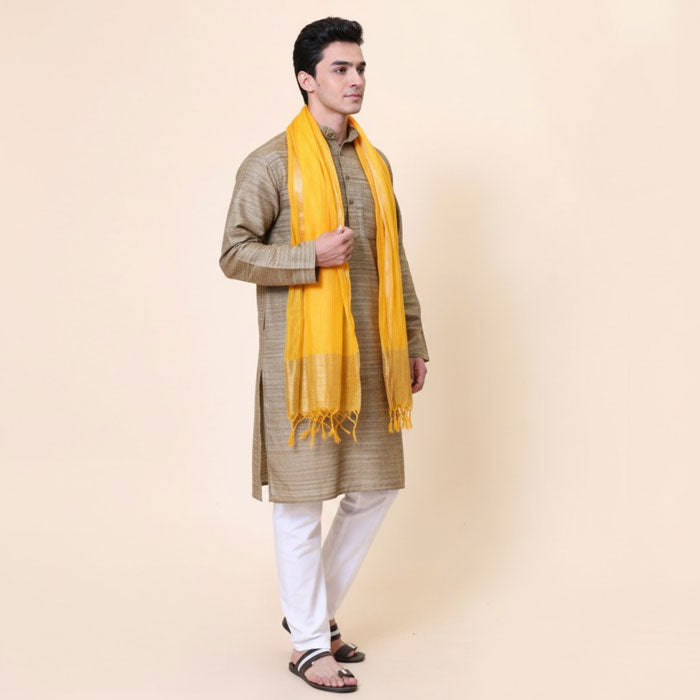 KRYPMAX Men's Silk Bandhani Ethnic Dupatta/Stole for Kurta(Yellow, 2.25 Mtr Length)