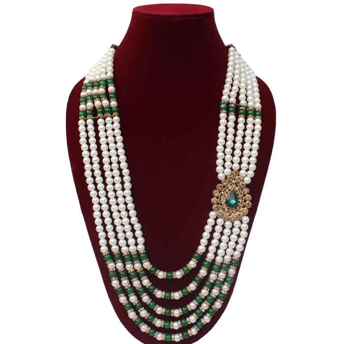 KRYPMAX Designer Pearl Base Metal and Dulha Sherwani Moti Mala Haar Necklace for Groom Men's Indian Wedding (PCN-014-032_Green_offwhite_Pack of 1)