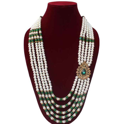 KRYPMAX Designer Pearl Base Metal and Dulha Sherwani Moti Mala Haar Necklace for Groom Men's Indian Wedding (PCN-014-032_Green_offwhite_Pack of 1)