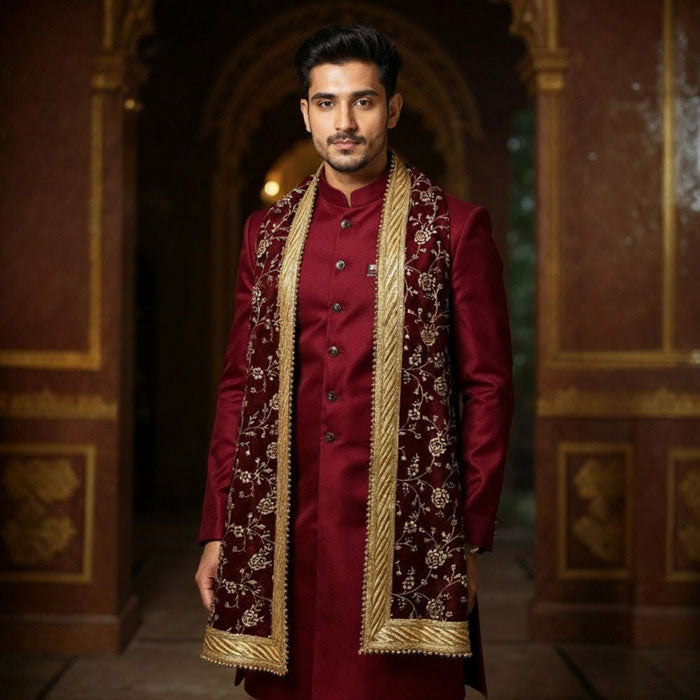 KRYPMAX Men's Narrow Velvet Stole Dupatta With Printed Design Golden Border for Kurta/Sherwani/Achkan/Suit (Length - 2.5m, Width -14 Inch) - Rose Print