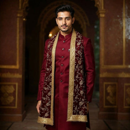 KRYPMAX Men's Narrow Velvet Stole Dupatta With Printed Design Golden Border for Kurta/Sherwani/Achkan/Suit (Length - 2.5m, Width -14 Inch) - Rose Print
