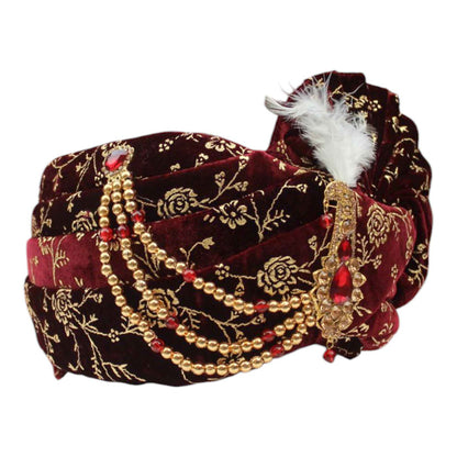 Krypmax Mens Rose Flower Printed Velvet Traditional Ethnic Safa/Turban/Pagdi/Pagri & Shawl (Maroon Color, Turban Size: 22 to 22.5 Inch)