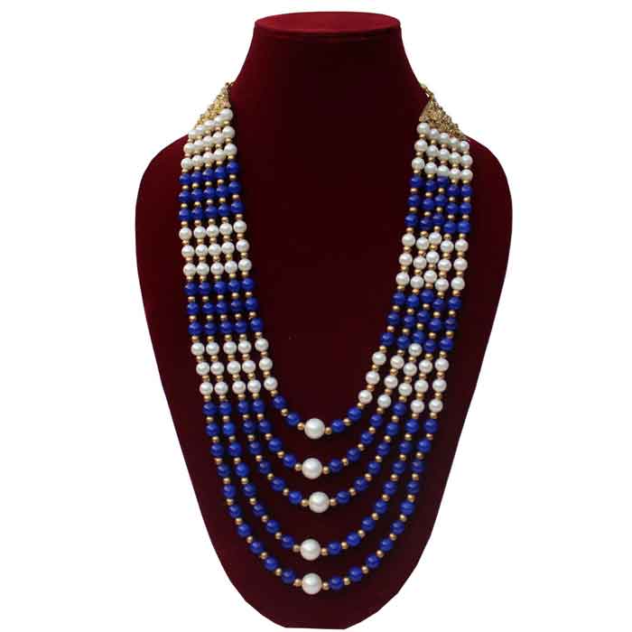 KRYPMAX five layers Blue and offwhite pearl beads Dulha groom sherwani Necklace/Moti Mala for Men for wedding