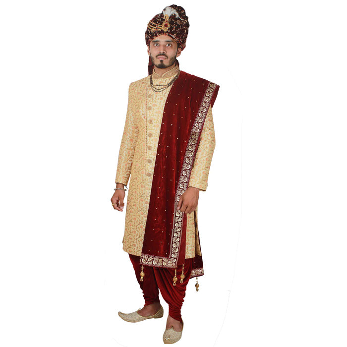 Krypmax Floral Lace Velvet Sherwani Maharaja Shawl for Men Wedding (Maroon, 2.5 Metre Length)