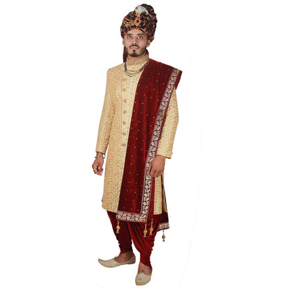 Krypmax Floral Lace Velvet Sherwani Maharaja Shawl for Men Wedding (Maroon, 2.5 Metre Length)