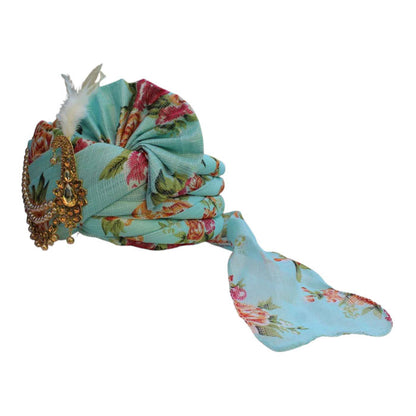 KRYPMAX Rose Flower Printed Traditional Groom's Pagdi, Dulha Pagri (Sea Green)