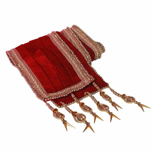 A maroon-colored dupion silk sherwani dupatta with gold-toned embellishments and tassels