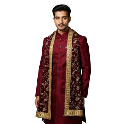 KRYPMAX Men's Narrow Velvet Stole Dupatta With Printed Design Golden Border for Kurta/Sherwani/Achkan/Suit (Length - 2.5m, Width -14 Inch) - Rose Print