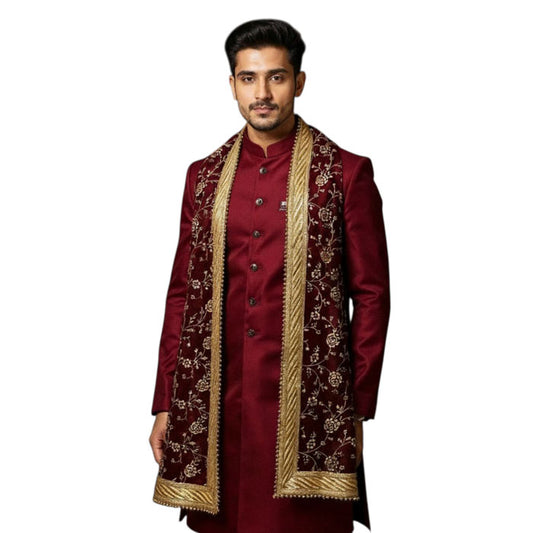 KRYPMAX Men's Narrow Velvet Stole Dupatta With Printed Design Golden Border for Kurta/Sherwani/Achkan/Suit (Length - 2.5m, Width -14 Inch) - Rose Print