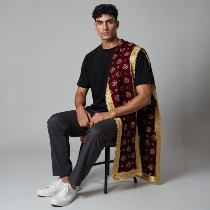 KRYPMAX Men's Narrow Velvet Stole Dupatta With Printed Design Golden Border for Kurta/Sherwani/Achkan/Suit (Length - 2.5m, Width -14 Inch) - Chakri Print