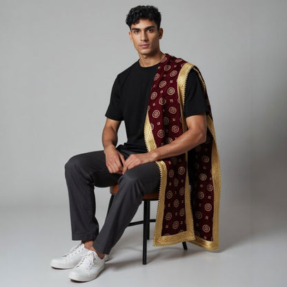 KRYPMAX Men's Narrow Velvet Stole Dupatta With Printed Design Golden Border for Kurta/Sherwani/Achkan/Suit (Length - 2.5m, Width -14 Inch) - Chakri Print