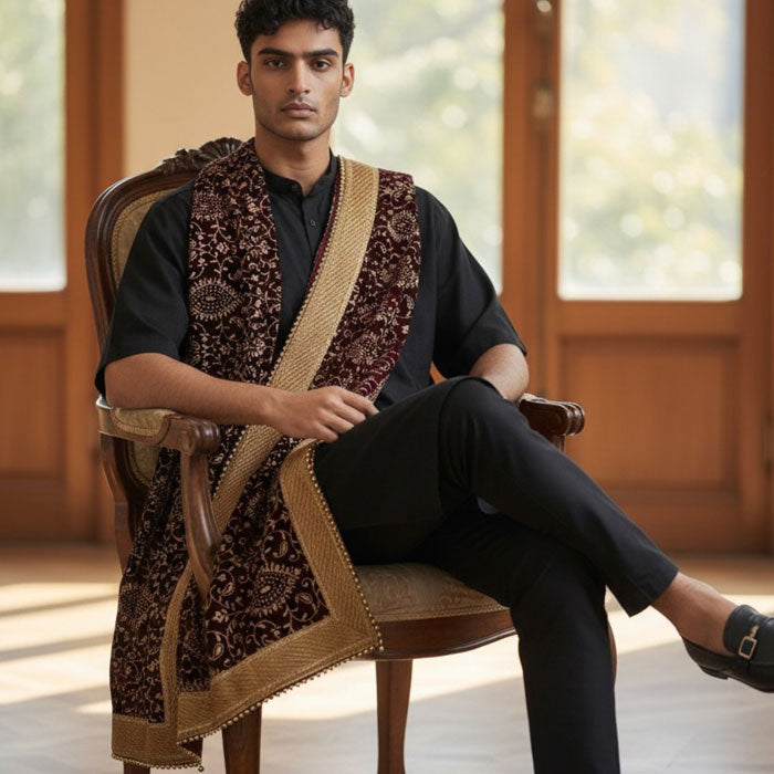 KRYPMAX Men's Narrow Velvet Stole Dupatta With Printed Design Golden Border for Kurta/Sherwani/Achkan/Suit (Length - 2.5m, Width -14 Inch) - Aankh Print