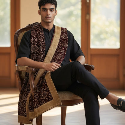 KRYPMAX Men's Narrow Velvet Stole Dupatta With Printed Design Golden Border for Kurta/Sherwani/Achkan/Suit (Length - 2.5m, Width -14 Inch) - Aankh Print
